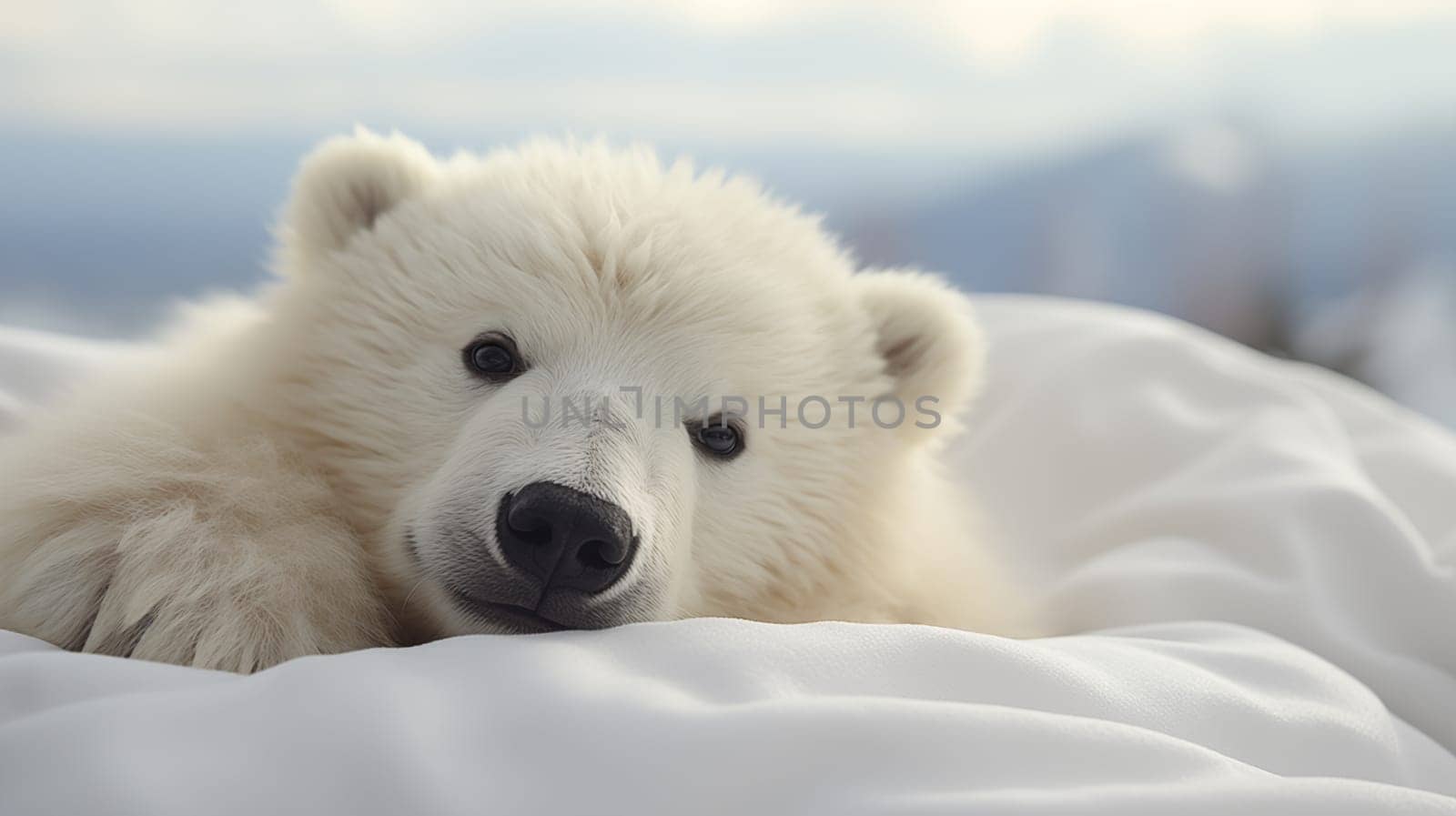 Close-up of a cute polar bear lying in a white bed in the morning.