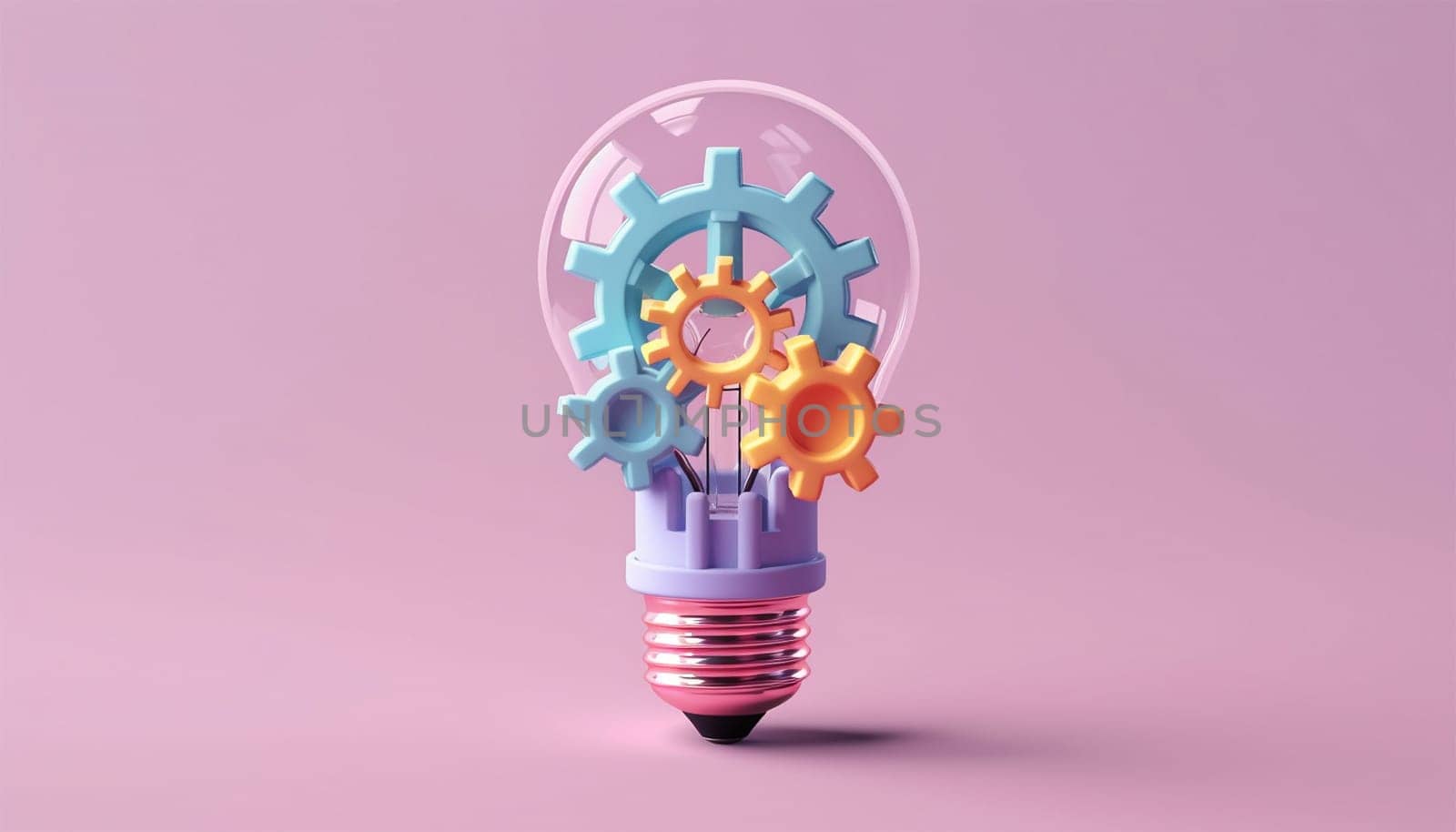 Light bulb and gears 3d render. Innovation concept. Insight icon isolated on pastel background. 3D Illustration. Pink,purple and blue. Glow Idea,teamwork,brainstorming design Space for text