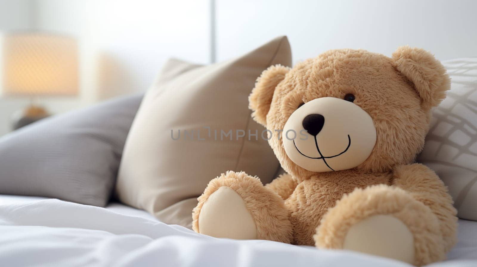 Adorable beige teddy bear, sitting in white bed, at daylight.