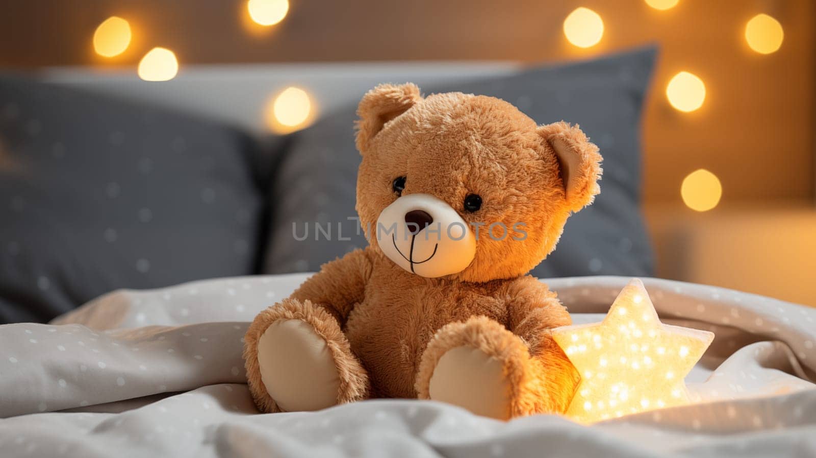Adorable brown teddy bear, sitting in bed, in warm bokeh light, at evening