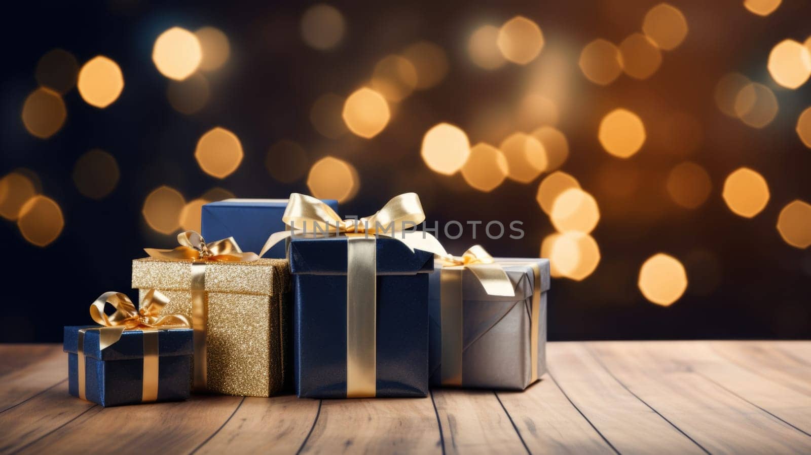 Christmas gift boxes on a wood table ready for joyful holiday celebration, merry Christmas and happy new year 2024 festival comeliness