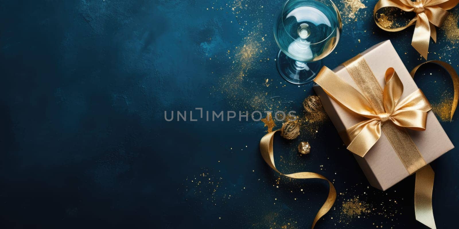 Flay lay new year holiday decoration and party streamers on gold festive background. Christmas, birthday or wedding concept. Flat lay. comeliness