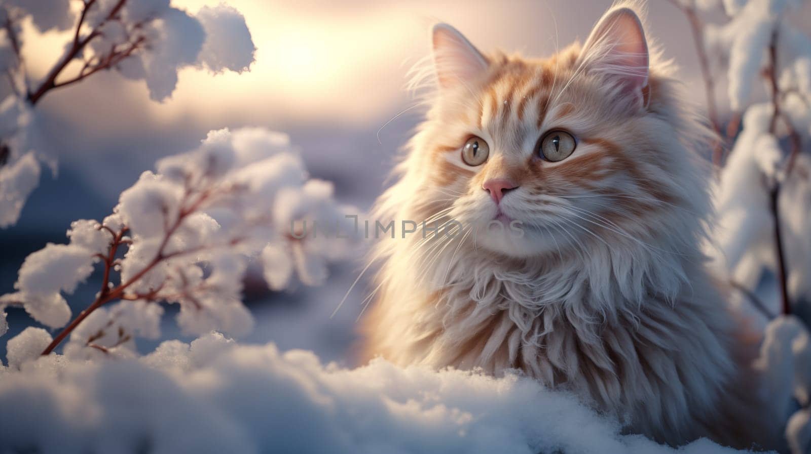 A beautiful, fluffy cat sitting on the snow in winter, at sunset, in a winter landscape. Looking away