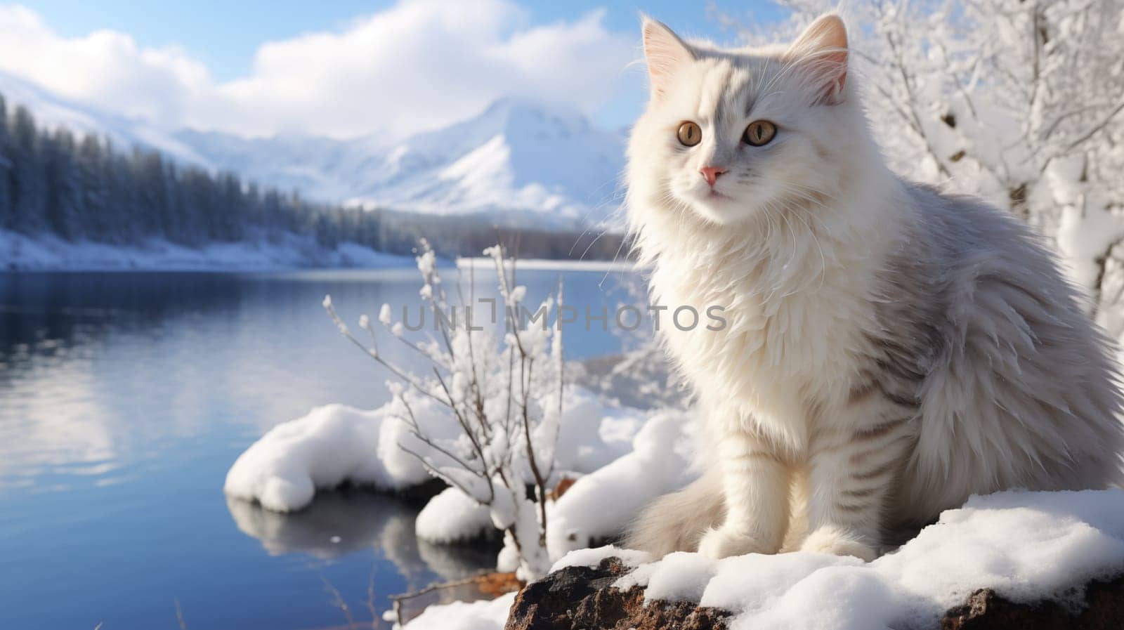 Adorable white fluffy cat, sit on snow, in beautiful winter landscape, nearby river.