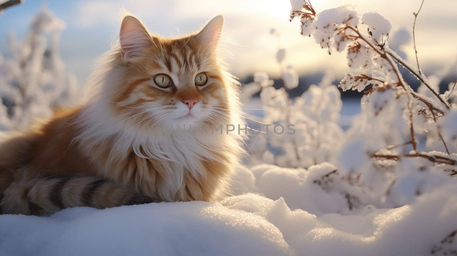 Adorable, ginger fluffy cat sitting on the snow in winter, in a winter landscape. Looking away