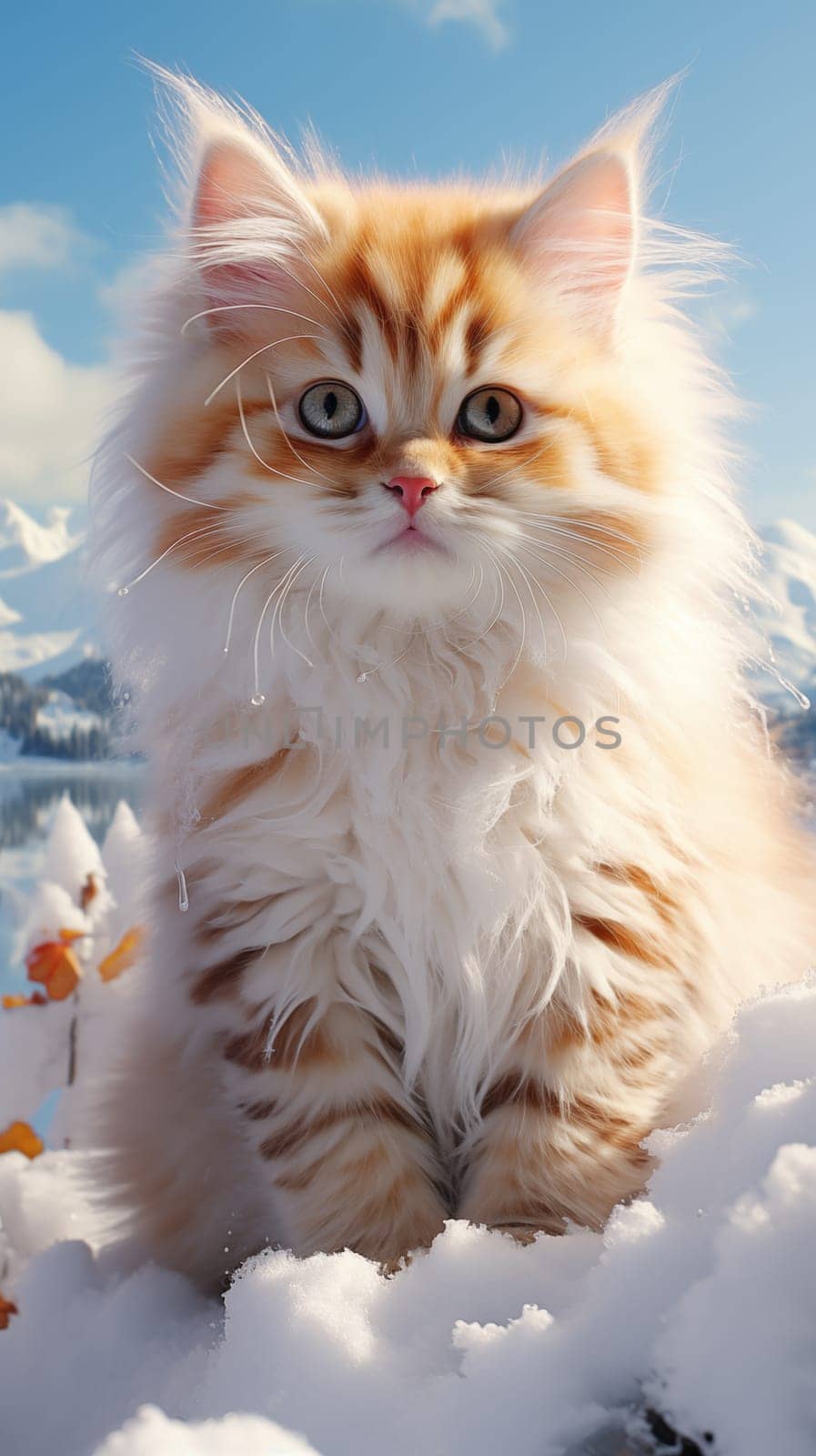 Adorable, red and white kitten sitting on the snow on a sunny winter day, look at camera.Vertical