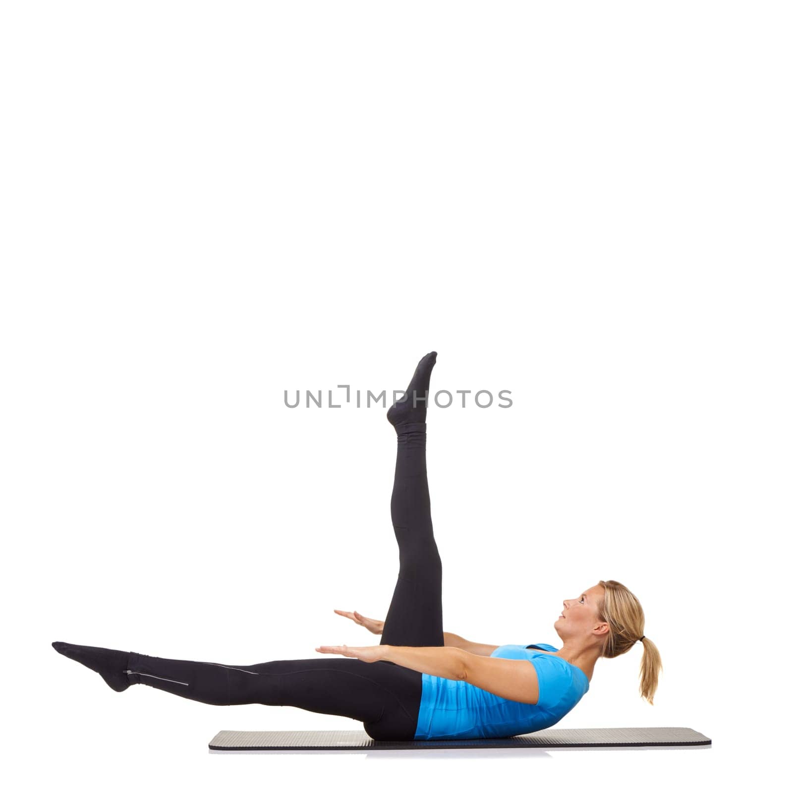 Woman, pilates and mat in studio for stretching, workout or fitness for healthy body, wellness or core muscle. Person, exercise or yoga on floor for abdomen health on mockup space or white background.