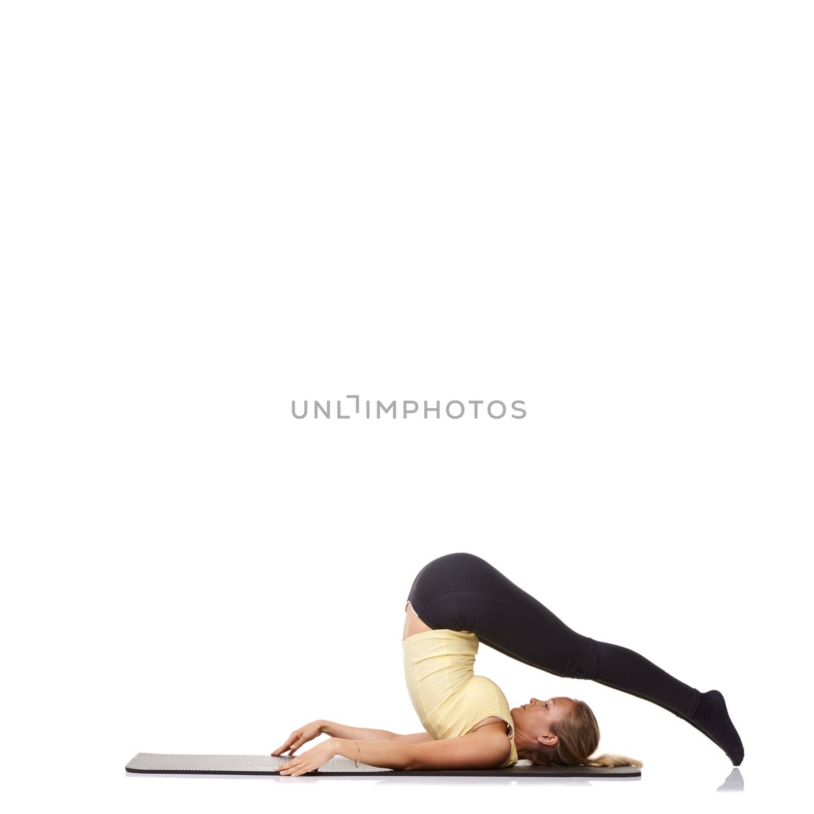 Woman, pilates and mat in studio for stretching, fitness or workout for healthy body, wellness or core muscle. Person, exercise or yoga on floor for abdomen health on mockup space or white background.