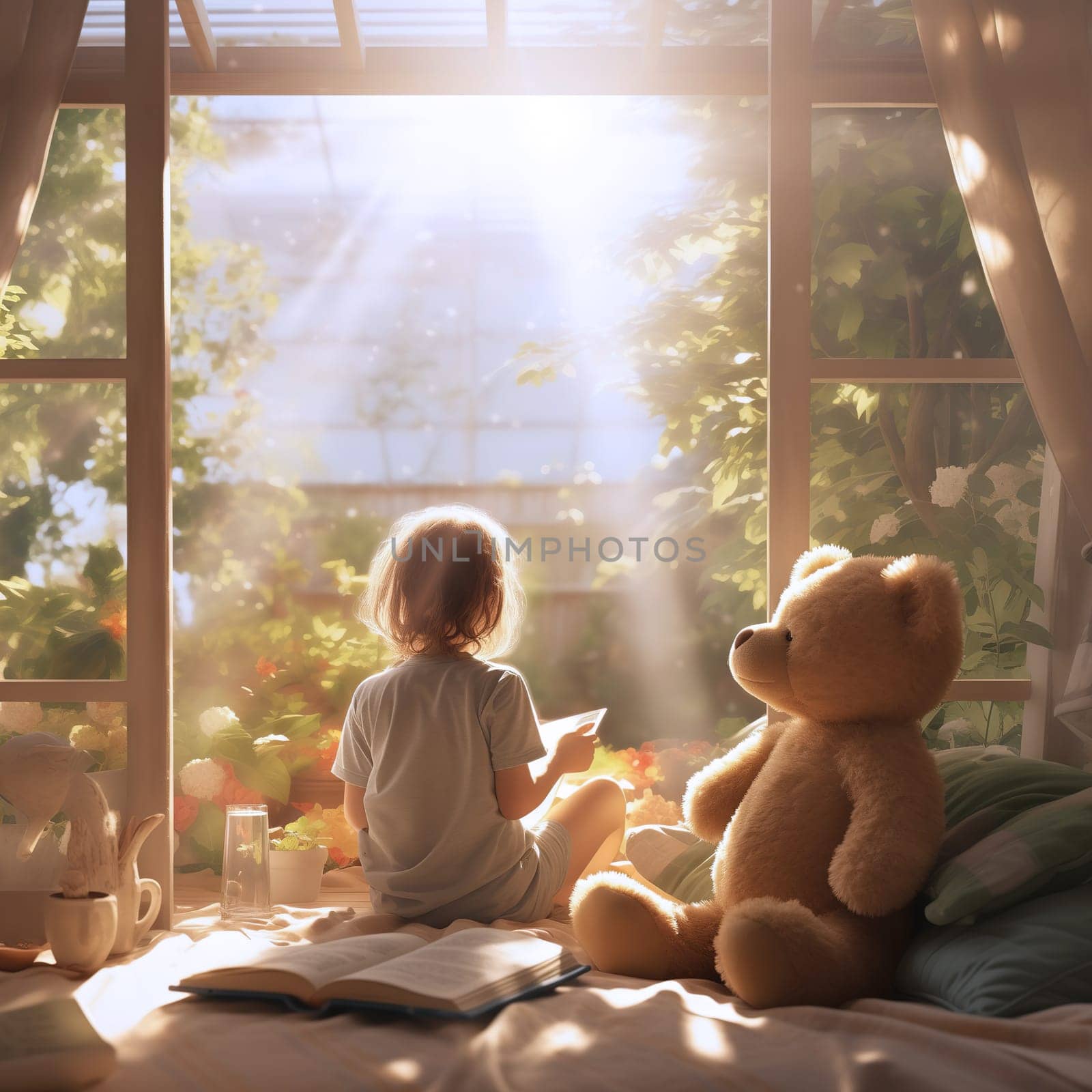 Cute little boy prefers to read a book instead of playing with toys. A boy sits by an open large window, next to a teddy bear, in front of which lies an open book. Morning soft light