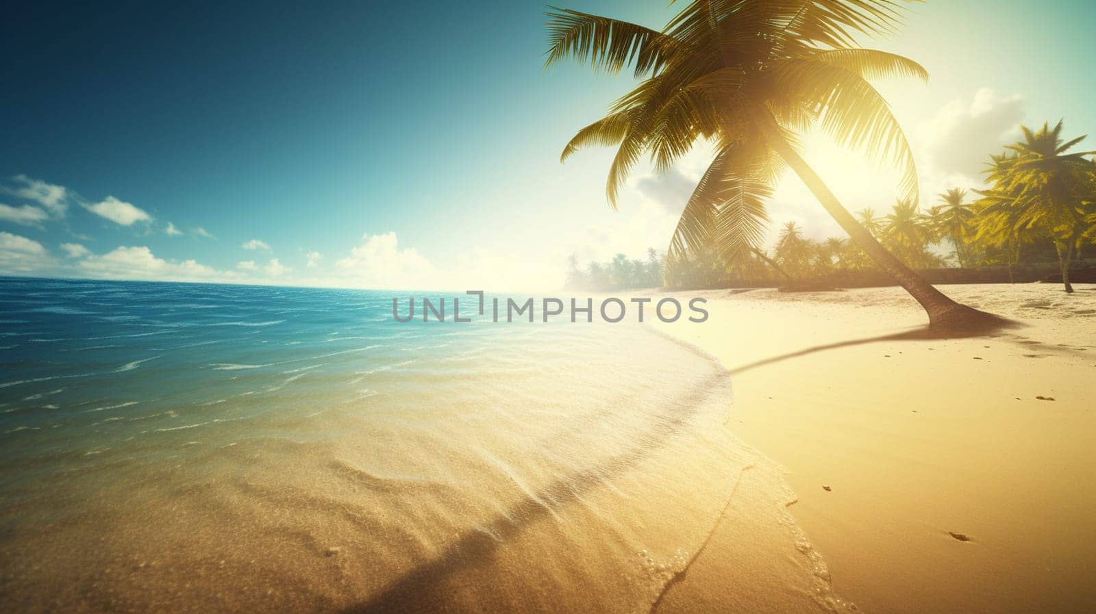 Palm tree on a tropical beach with blue sky and white clouds. selective focus. sea Generative AI,