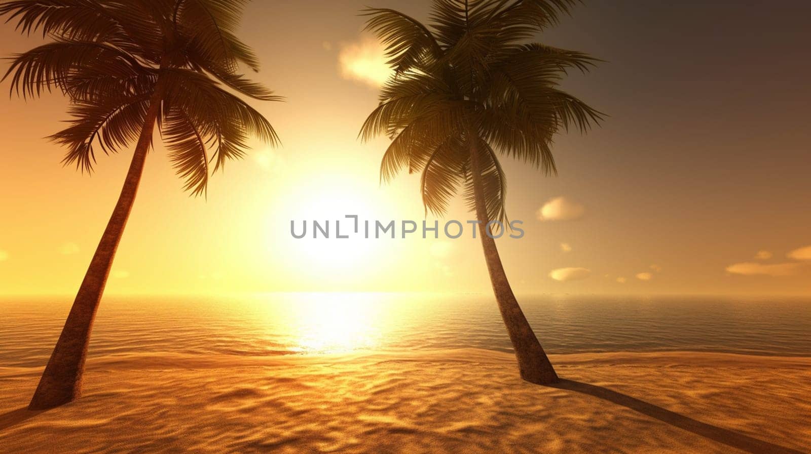 Palm tree on a tropical beach with blue sky and white clouds. selective focus. sea Generative AI,
