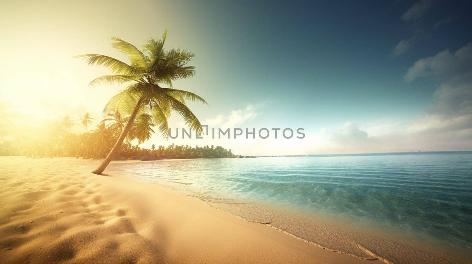 Palm tree on a tropical beach with blue sky and white clouds. selective focus. Generative AI, by mila1784