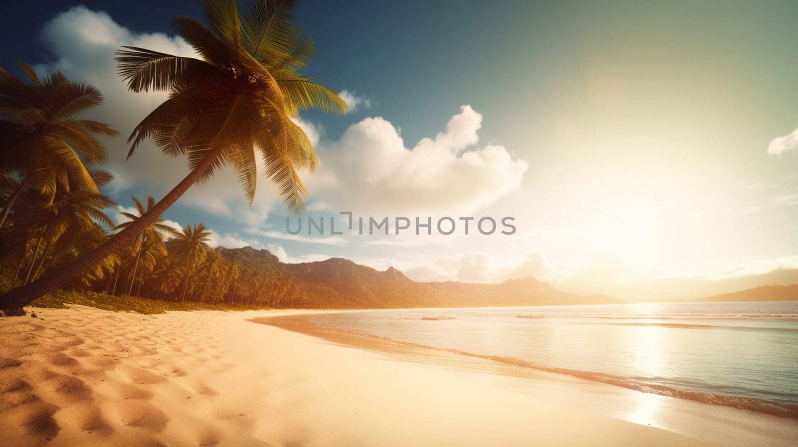 Palm tree on a tropical beach with blue sky and white clouds. selective focus. Generative AI, by mila1784