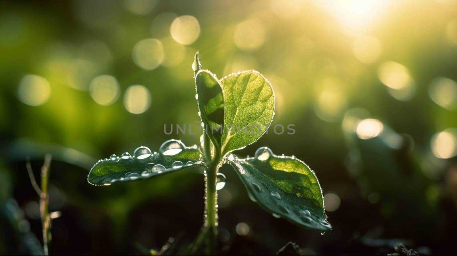 A young plant with a drop of water in the sun, a growing plant grows. nature Selective focus. Generative AI,