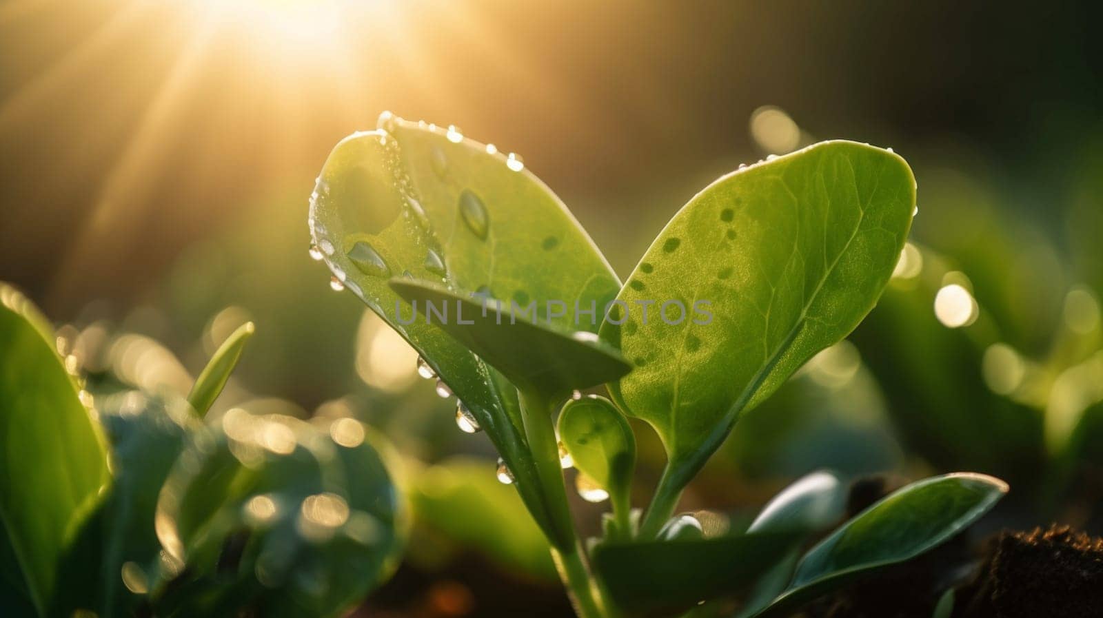 A young plant with a drop of water in the sun, a growing plant grows. nature Selective focus. Generative AI,