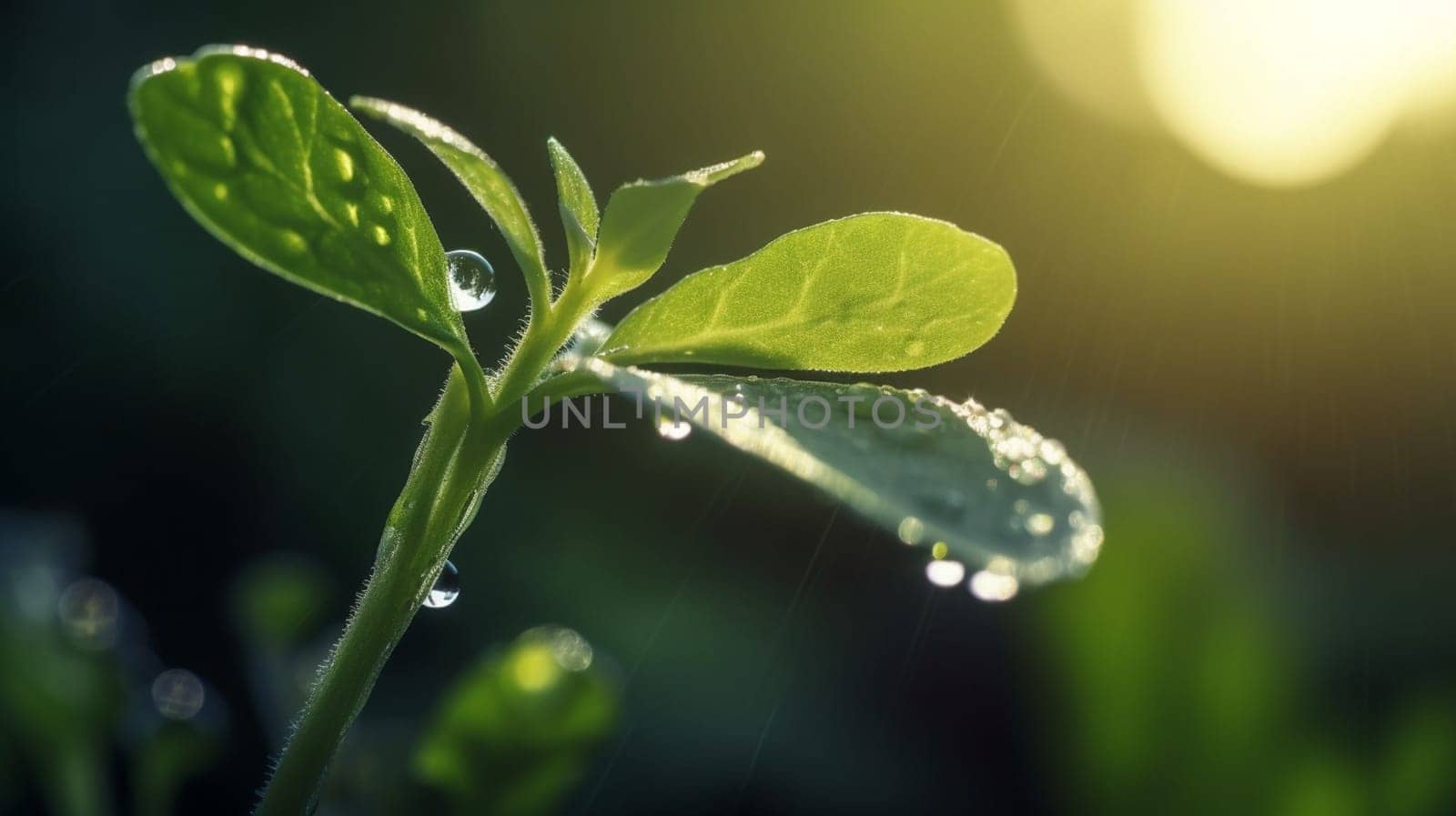A young plant with a drop of water in the sun, a growing plant grows. nature Selective focus. Generative AI,