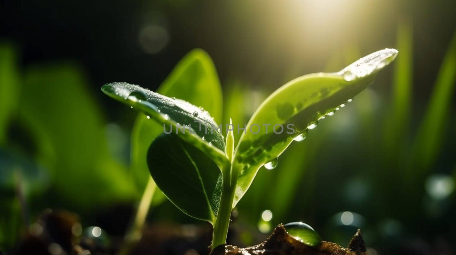 A young plant with a drop of water in the sun, a growing plant grows. nature Selective focus. Generative AI,