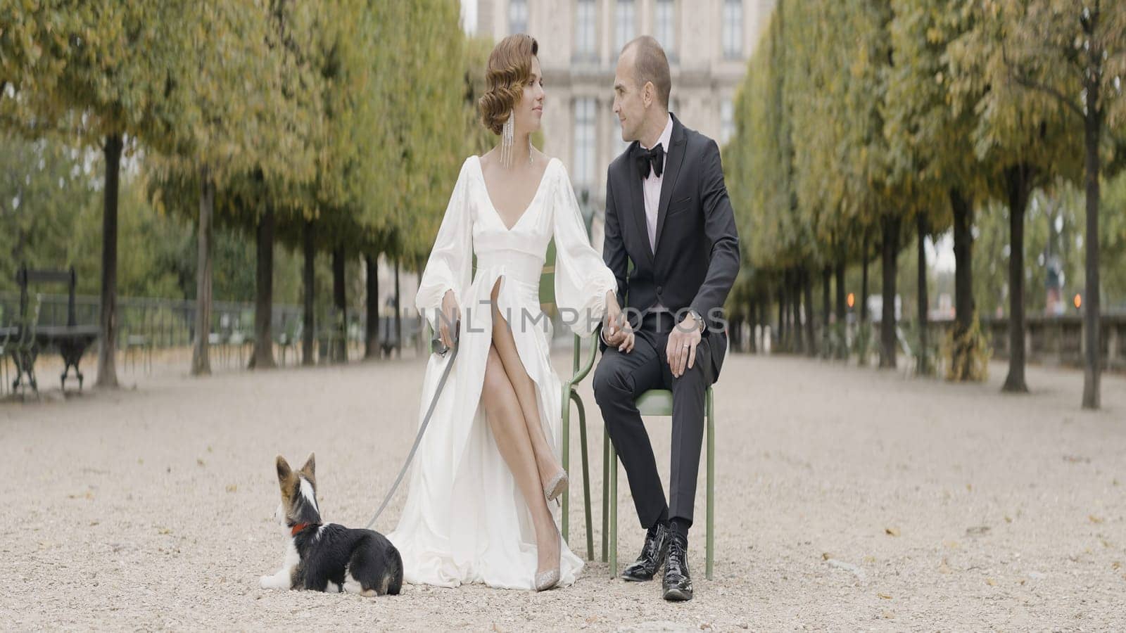 Groom and bride walking with a small dog in park. Action. Funny pet outdoors with his loving owners, man in suit and woman in white dress