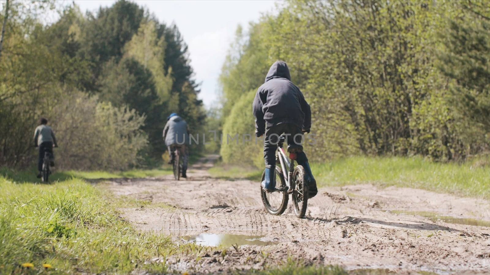 Rear view of children riding bicycle on rural road. Motion. Summer lifestyle moment of a happy childhood, children having fun and riding bicycles along the summer green forest. by Mediawhalestock