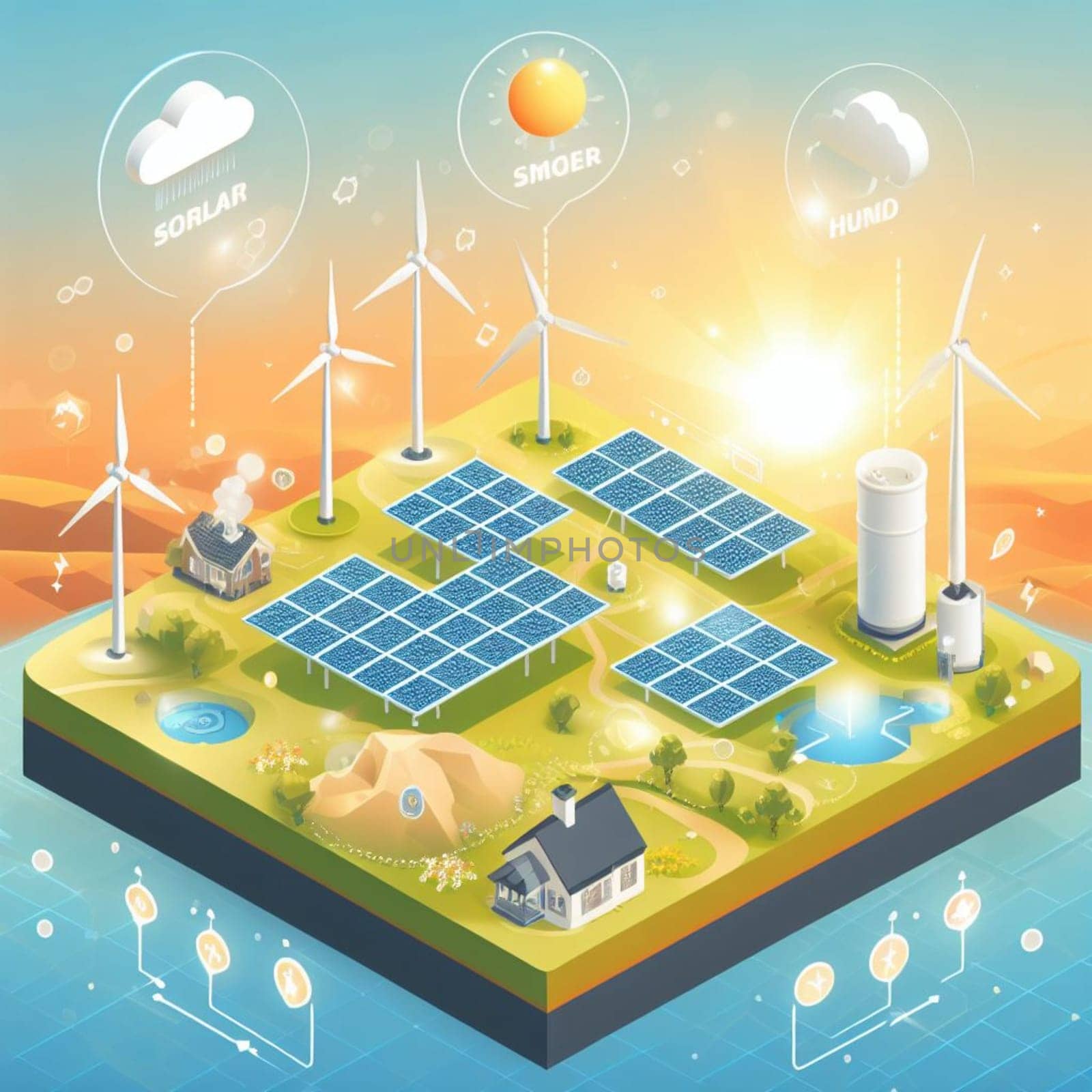 info graphic isometric depicting a set of clean energyy generation icons and situation for better future by verbano