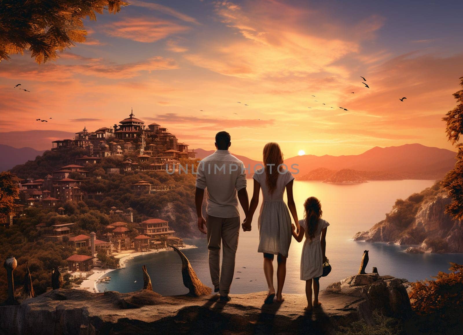 Family silhouettes on a tropical sunset background and travel infographics. by Andelov13