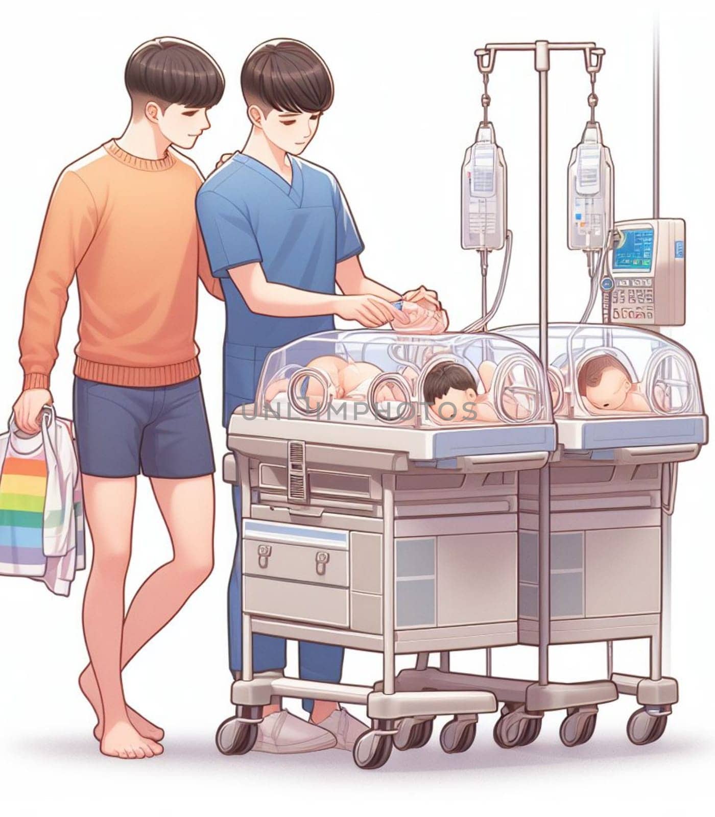 illustration depicting medical staff people at the hospital take care of newborn baby by verbano