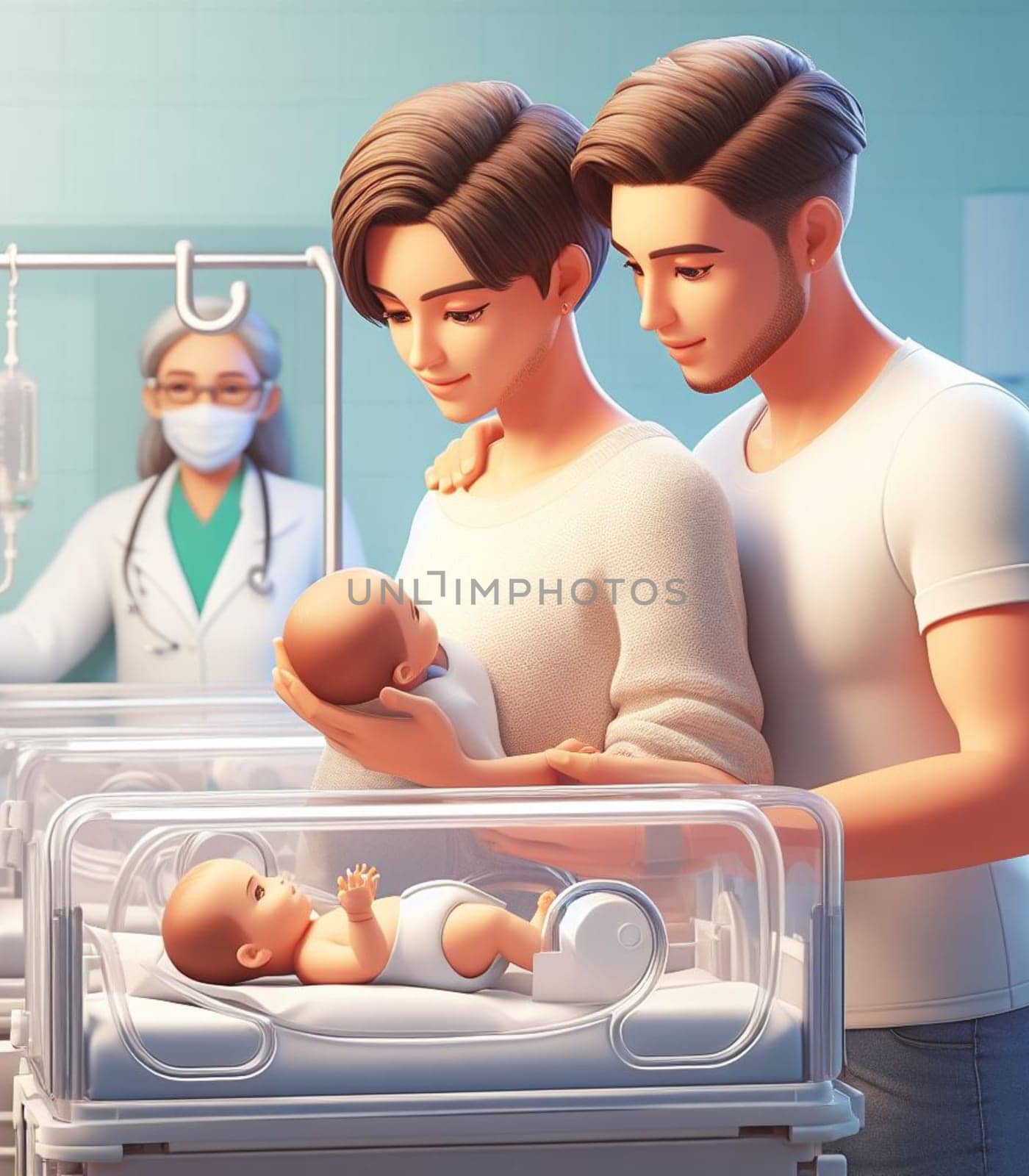 illustration depicting medical staff people at the hospital take care of newborn baby ai generated