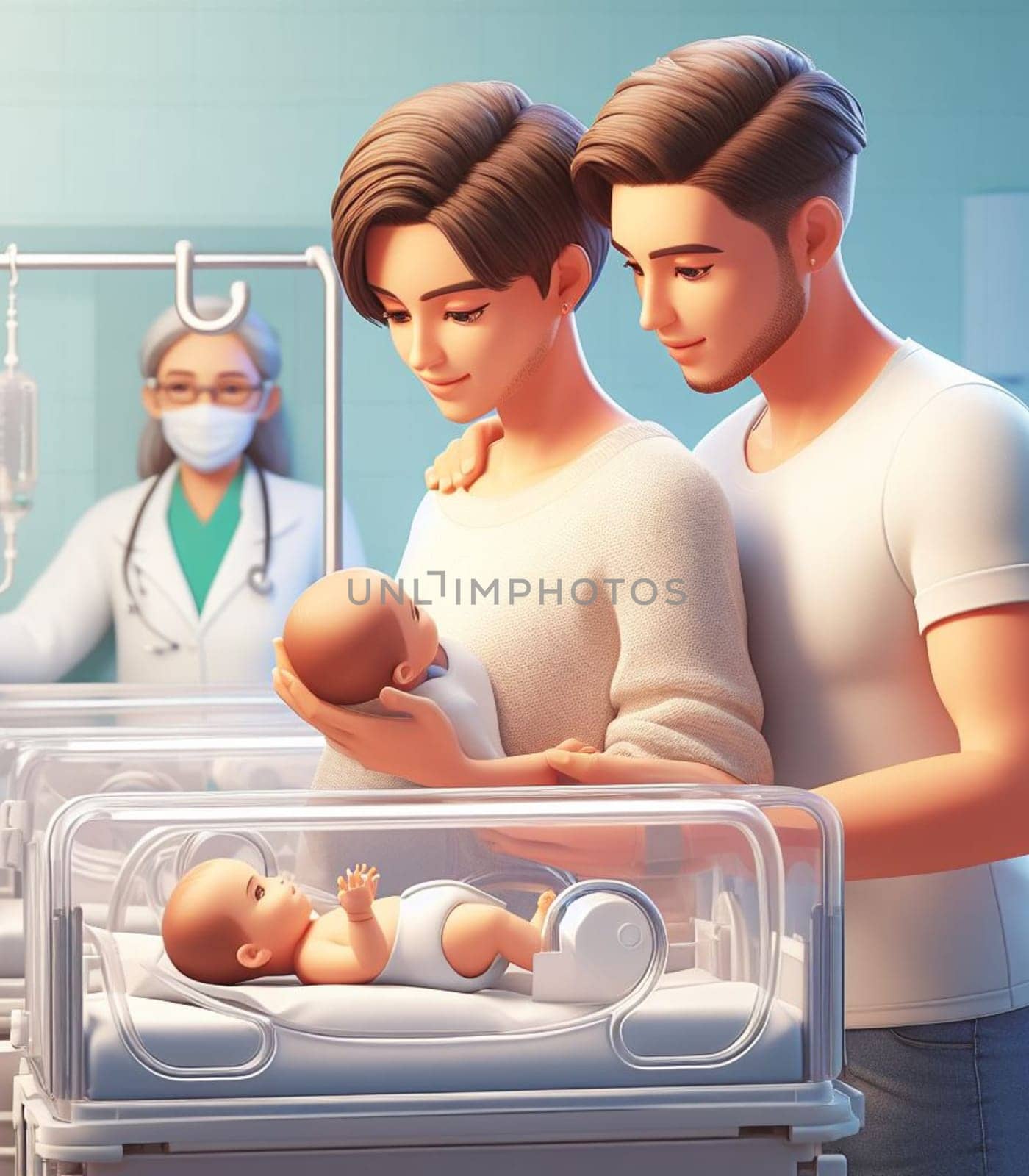 illustration depicting medical staff people at the hospital take care of newborn baby by verbano