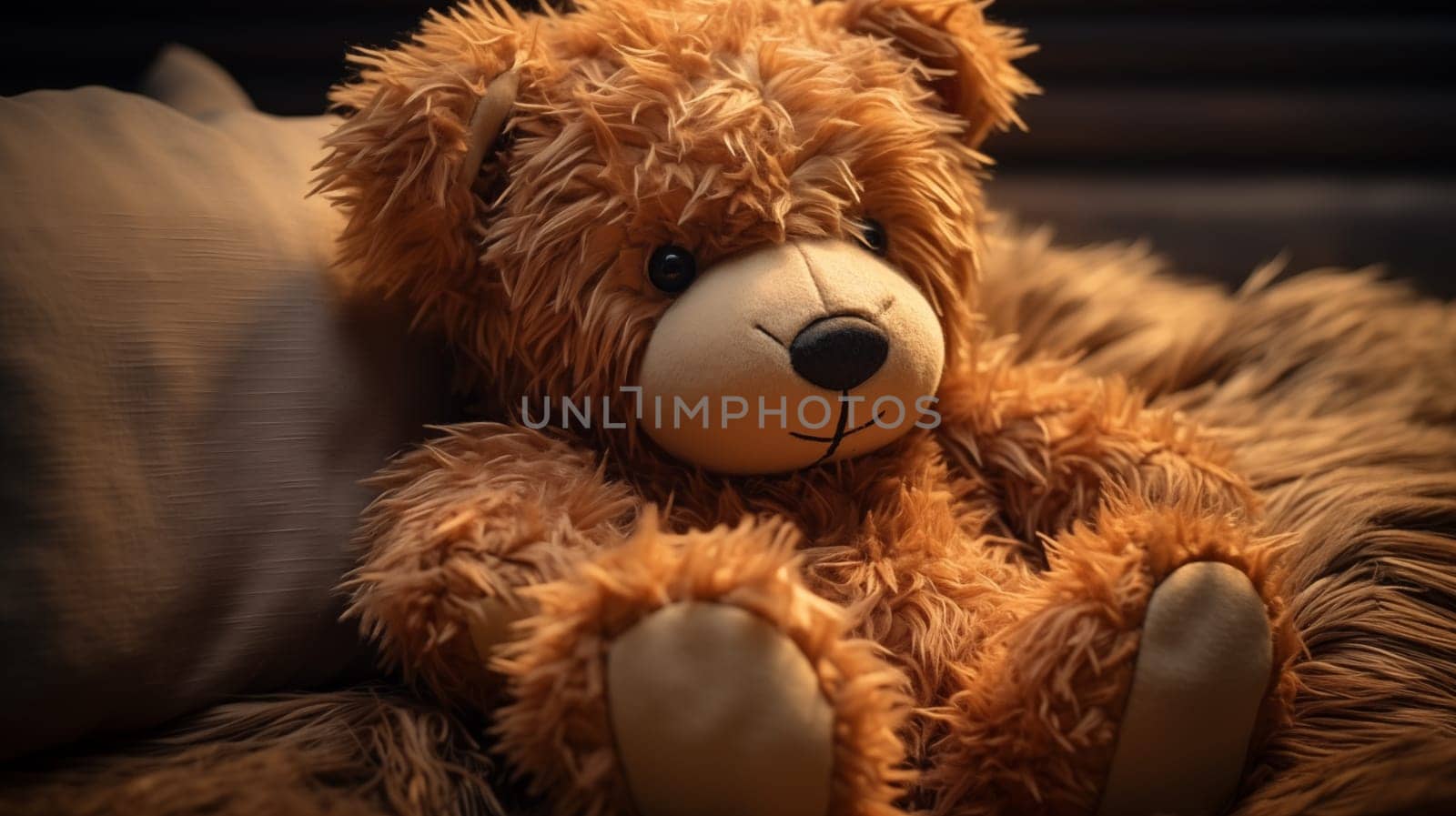 Cute brown teddy bear sits on bed at evening