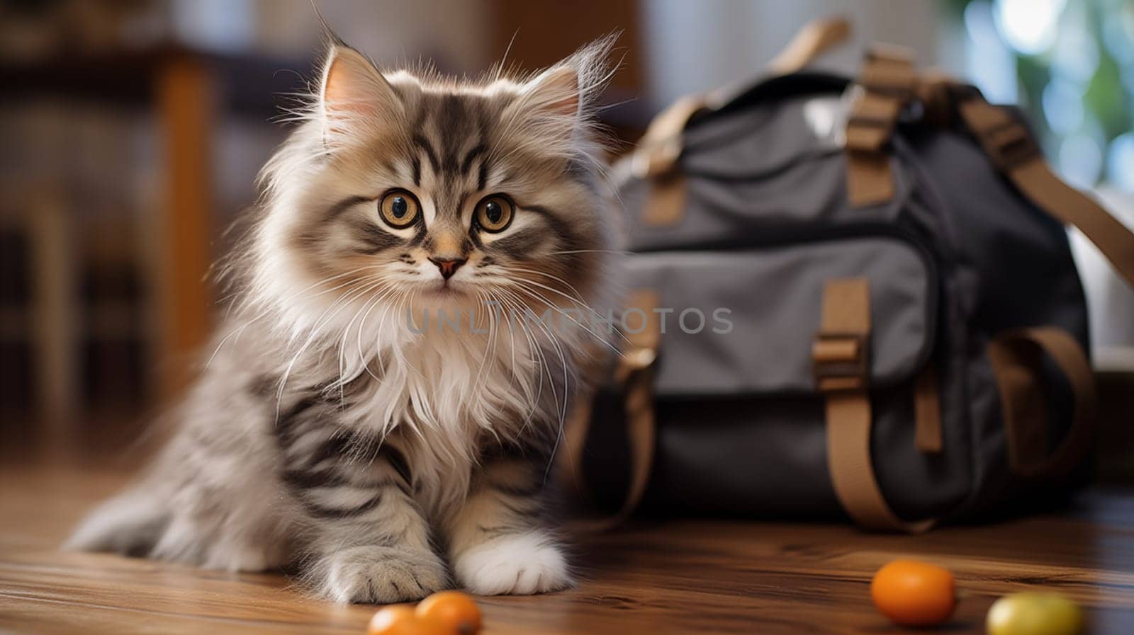 Cute grey fluffy kitten sitting on the floor, next to travel bag, look at camera.