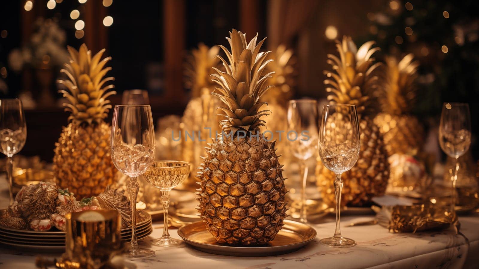 several golden pineapples stand on plates on the table, next to glasses of champagne, warm evening light.