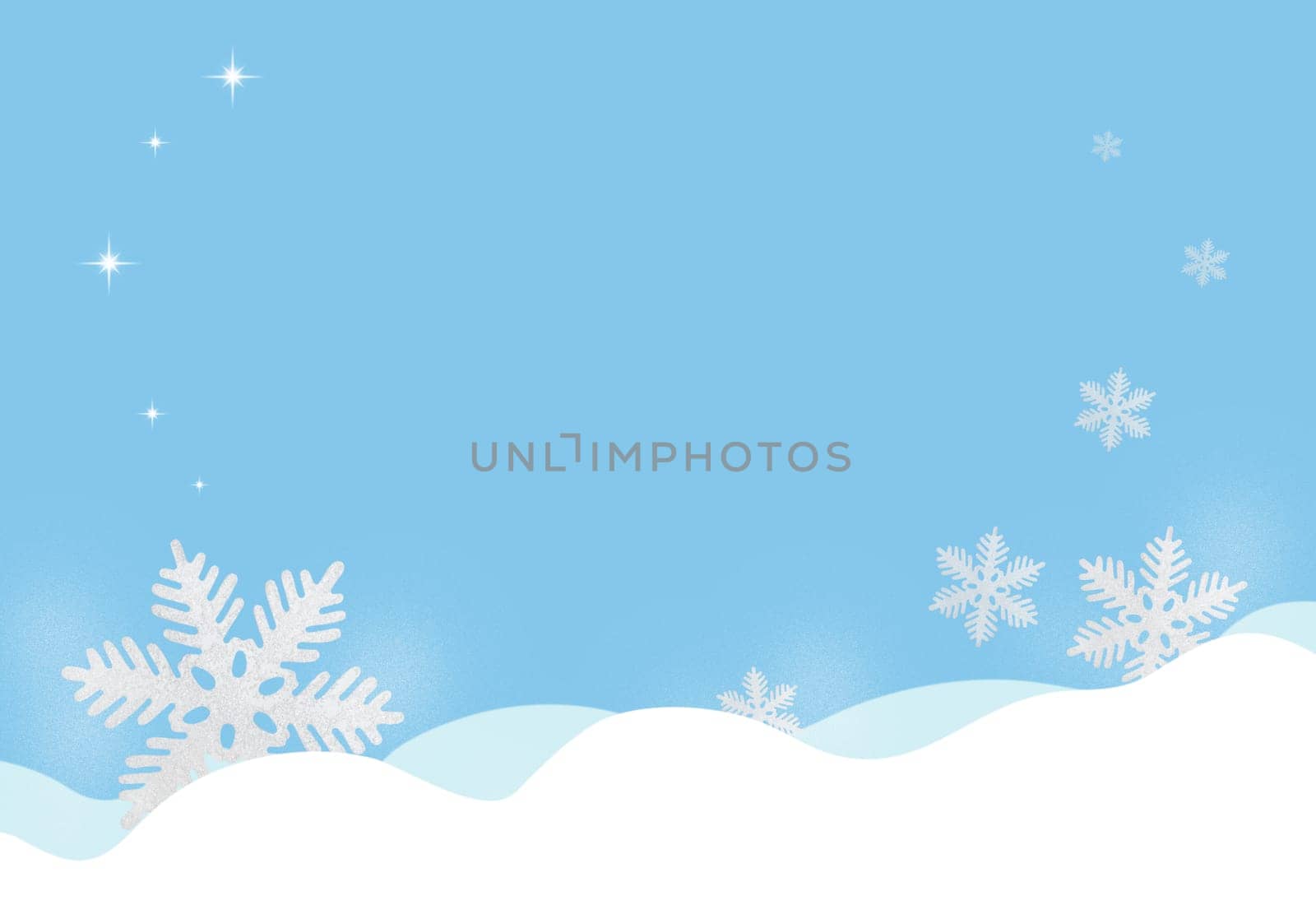 Blue Christmas background with snowflakes and stars. Copy space
