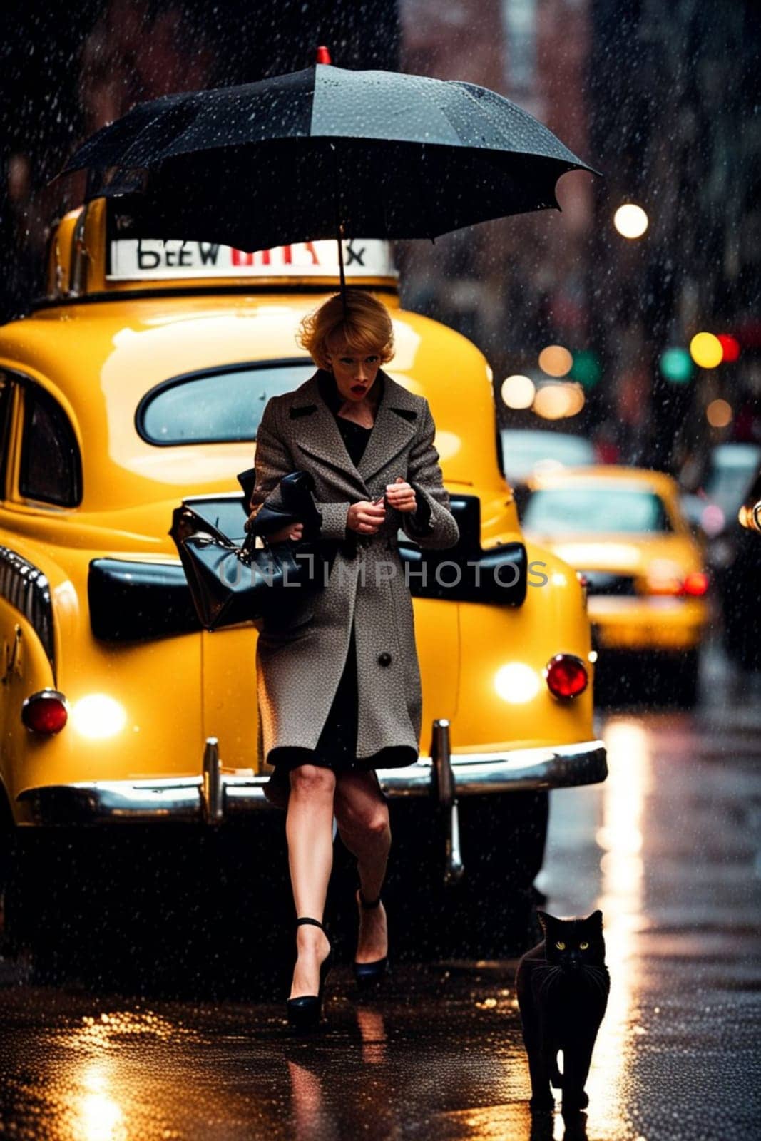 Vibrant curvy classy lady, wear blue winter coat high heels,rain, walk New york city taxis, big cat by verbano
