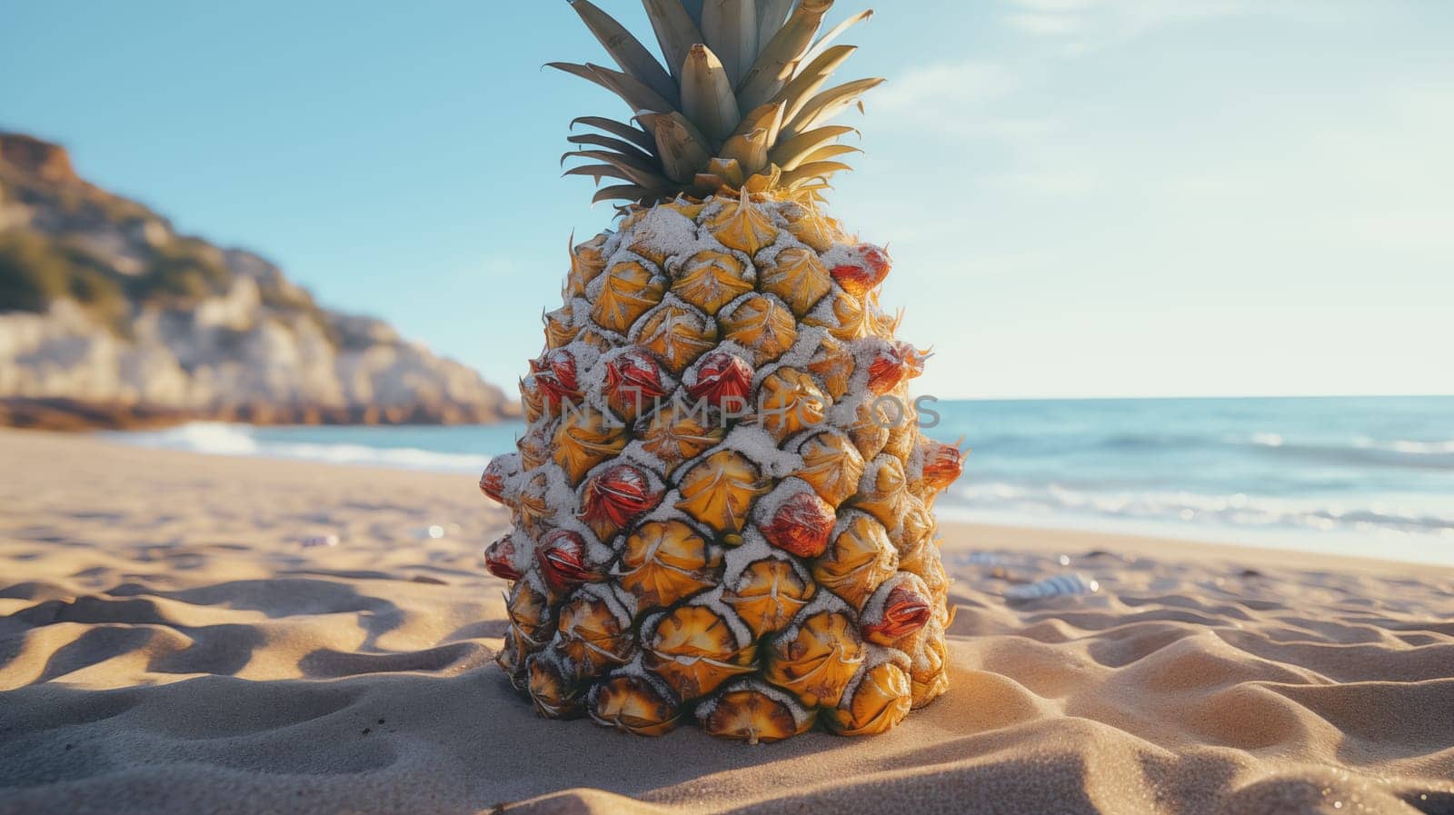 Close up of pineapple standing on the sand on the beach