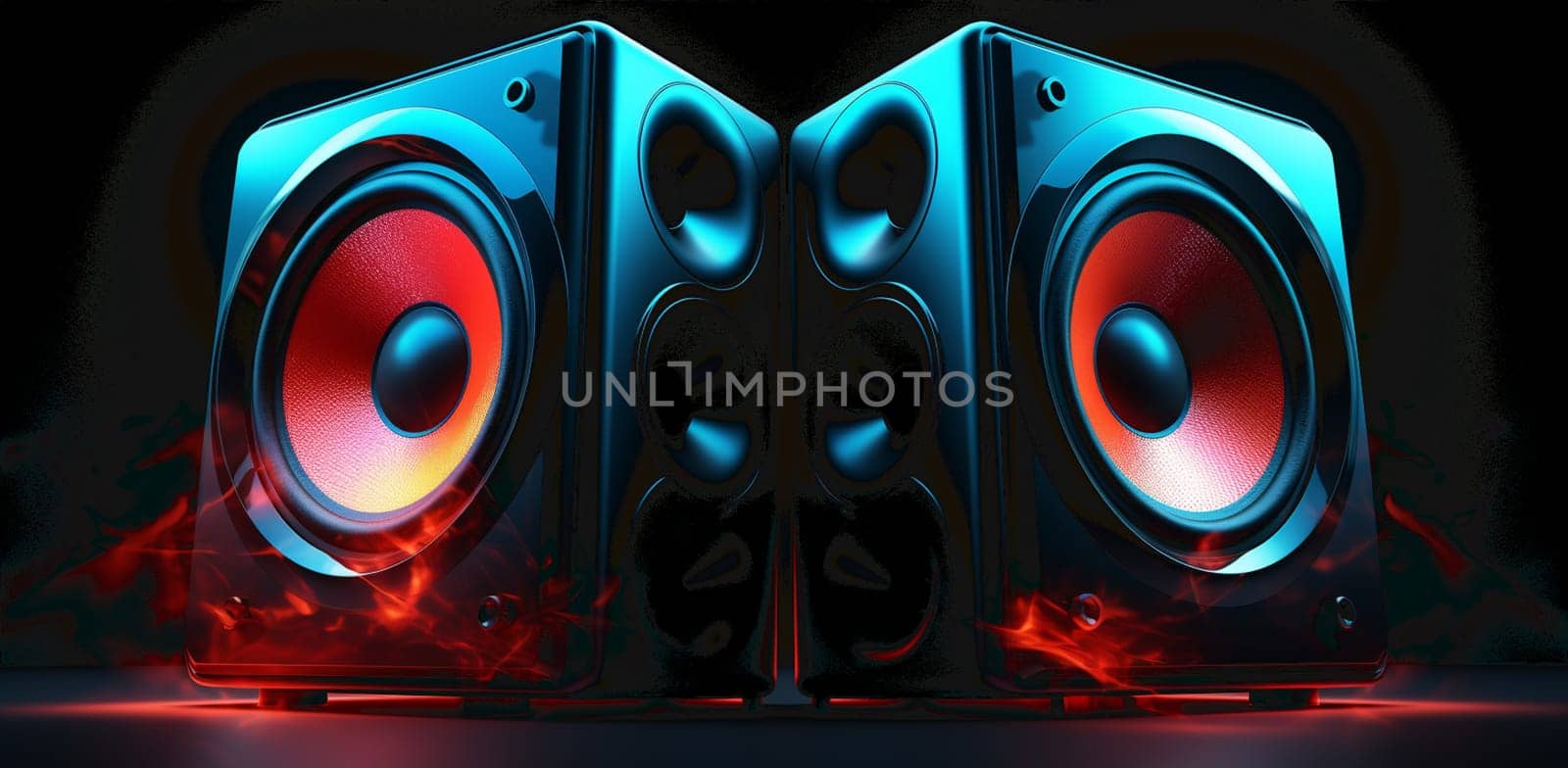 Modern sound speakers in neon light as background, closeup. High quality photo