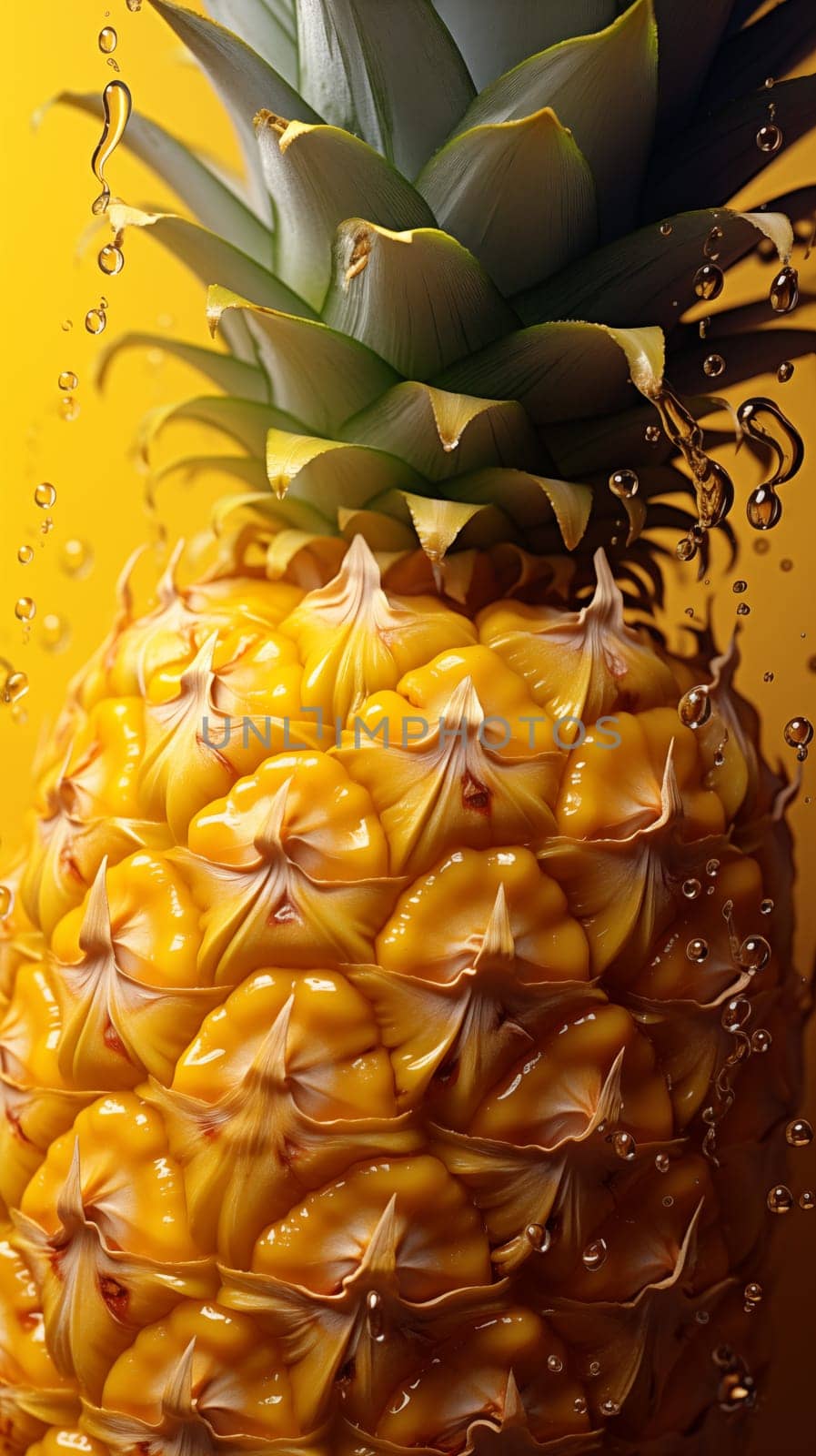 Close up of fresh fruit pineapple in yellow juice, with air bubbles. Vertical
