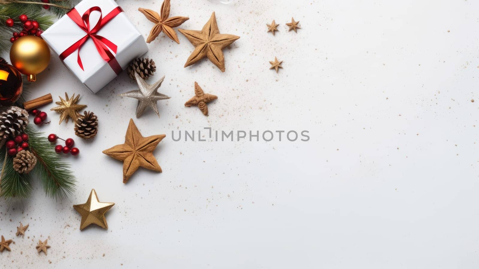 New Year banner with Christmas gift boxes and golden decorations on clear background. comeliness