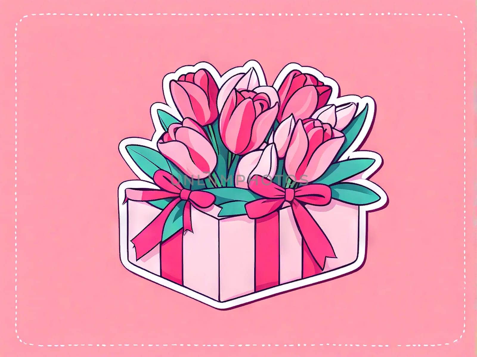 Mother's day poster bouquet tulips, gift box on pink background, March 8 and women's day concept