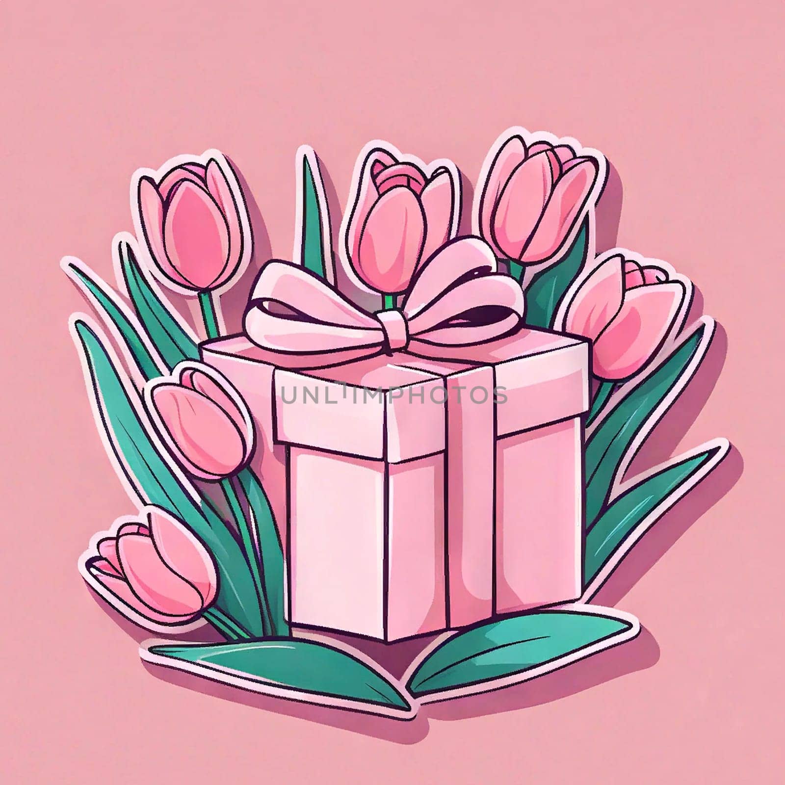 Mother's day poster bouquet tulips, gift box on pink background, March 8 and women's day concept