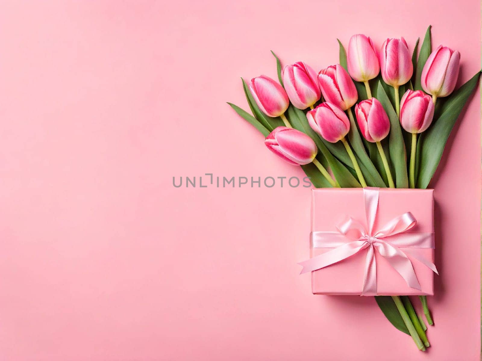 Mother's Day decorations concept. Top view of trendy gift boxes with ribbon bows and tulips on pastel pink background with copyspace, March 8 and Women's Day