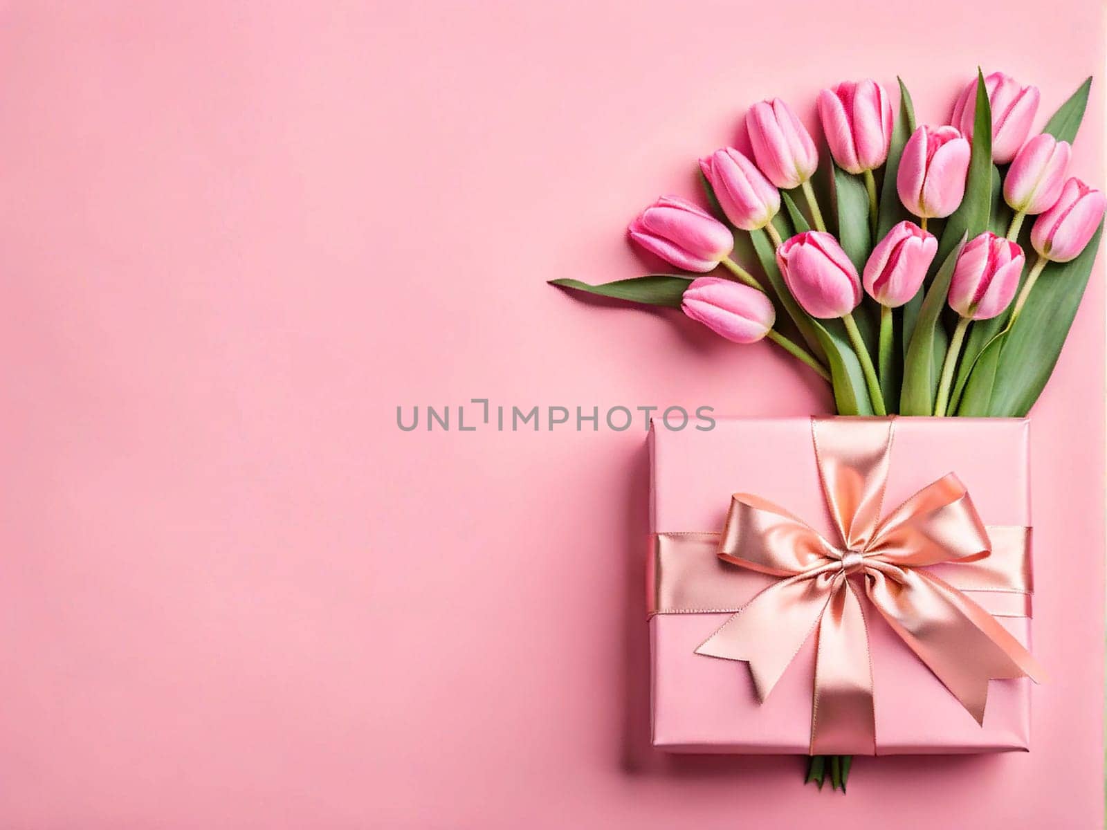 Mother's Day decorations concept. Top view of trendy gift boxes with ribbon bows and tulips on pastel pink background with copyspace, March 8 and Women's Day