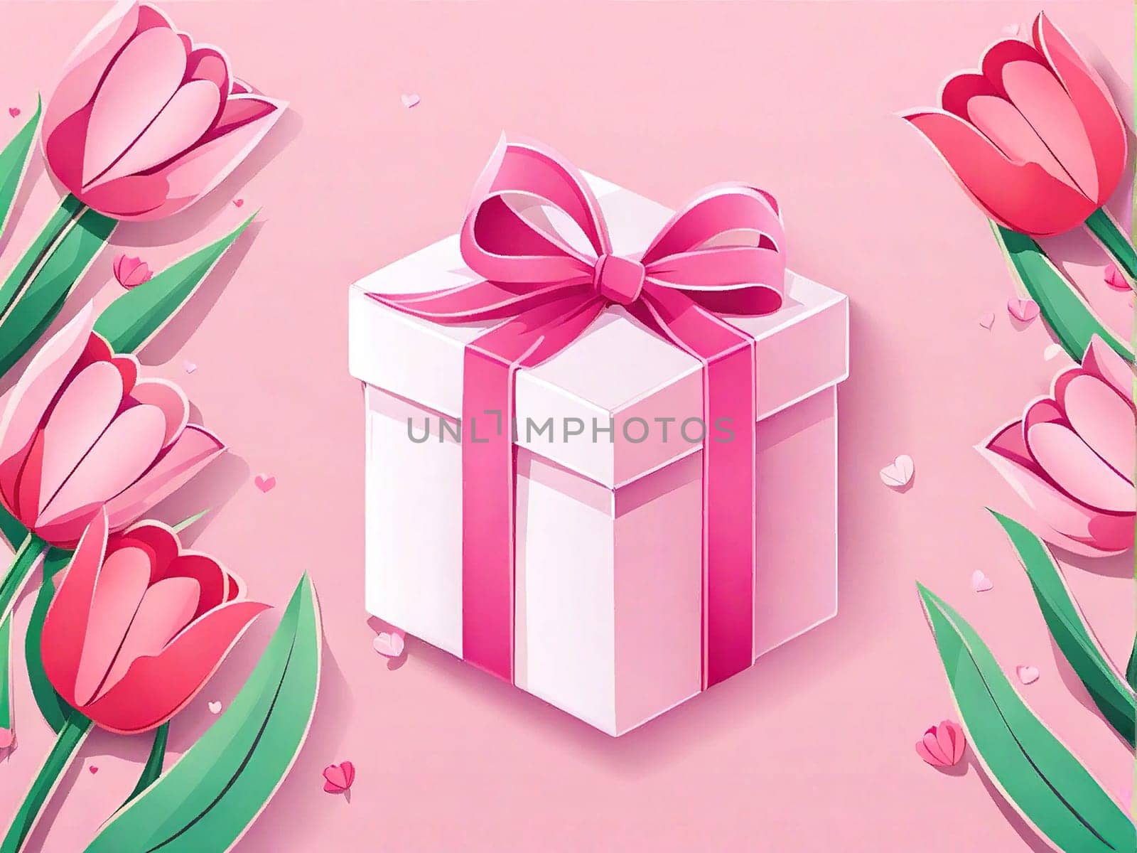 Mother's day poster bouquet tulips, gift box on pink background, March 8 and women's day concept