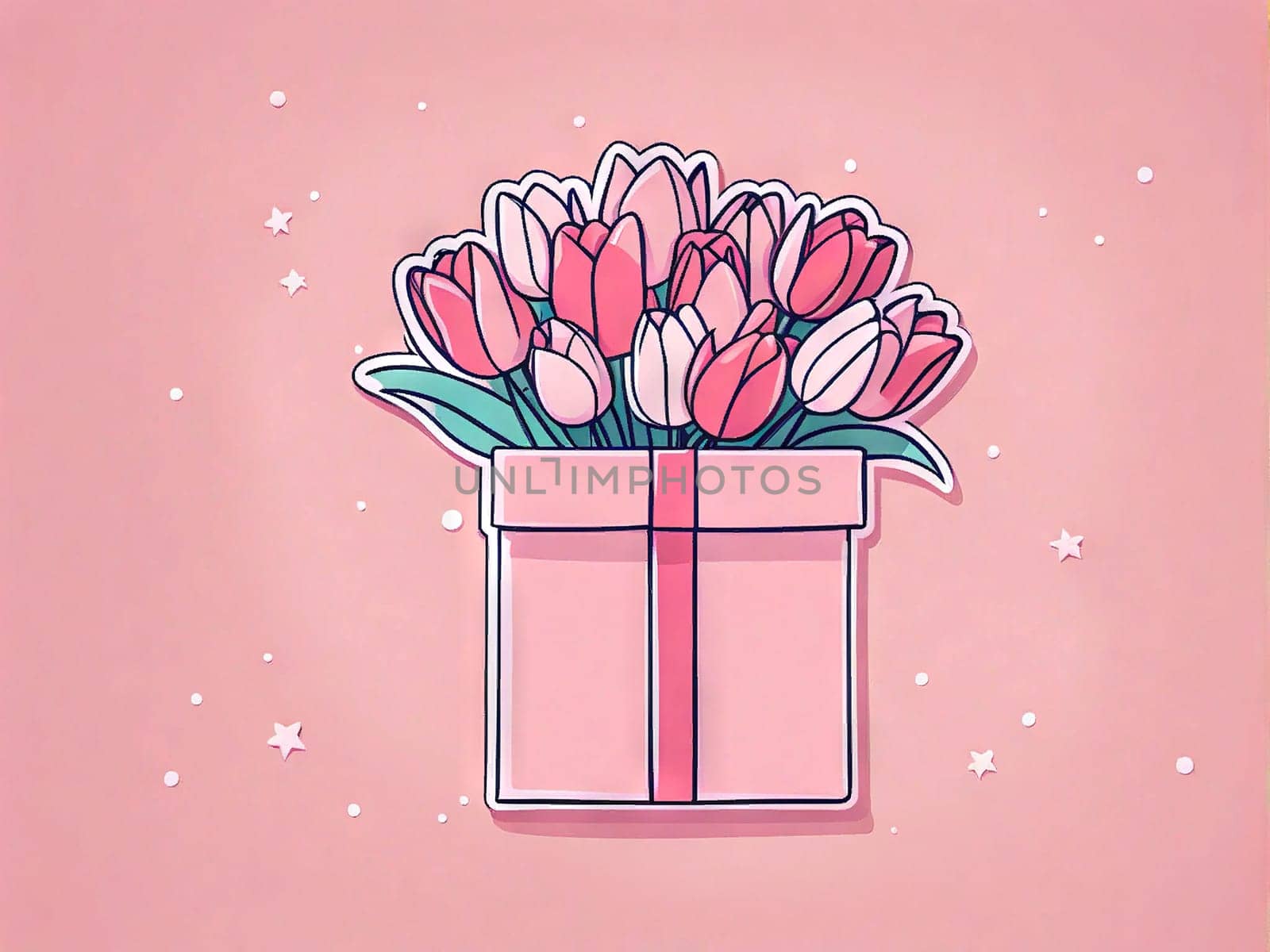 Mother's day poster bouquet tulips, gift box on pink background, March 8 and women's day concept