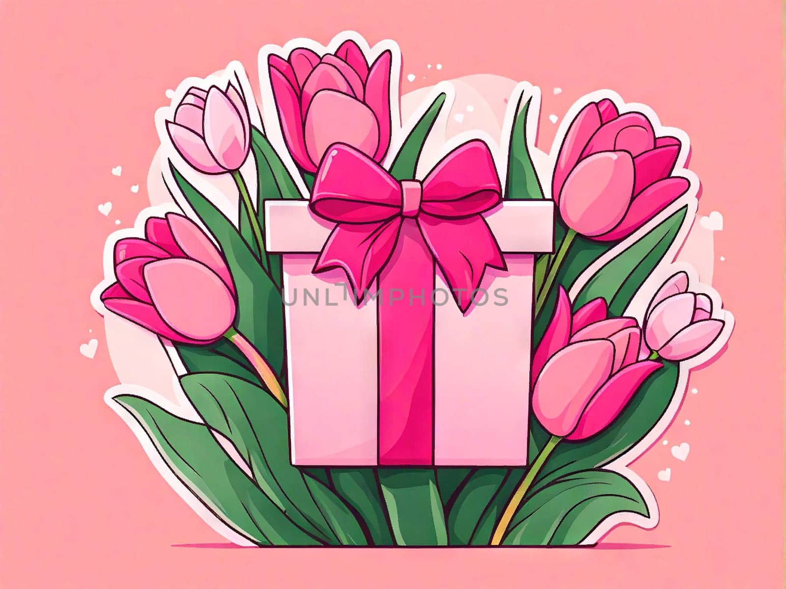 Mother's day poster bouquet tulips, gift box on pink background, March 8 by EkaterinaPereslavtseva