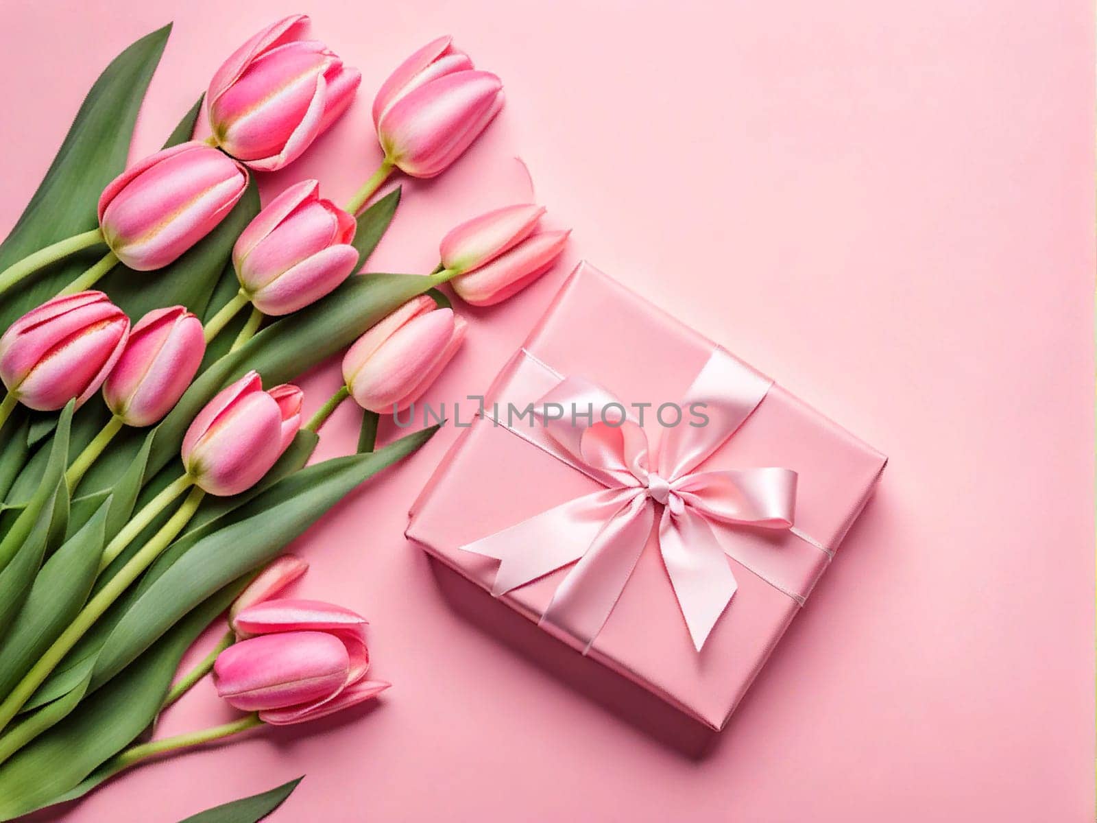 Gift box tulip flower top view copy space pink background greeting card. by EkaterinaPereslavtseva