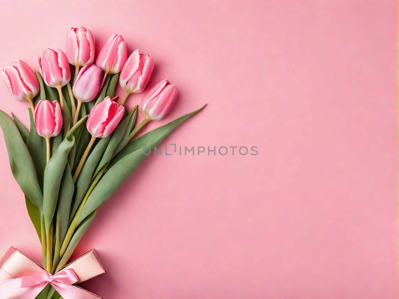 Gift box tulip flower top view copy space pink background greeting card. by EkaterinaPereslavtseva