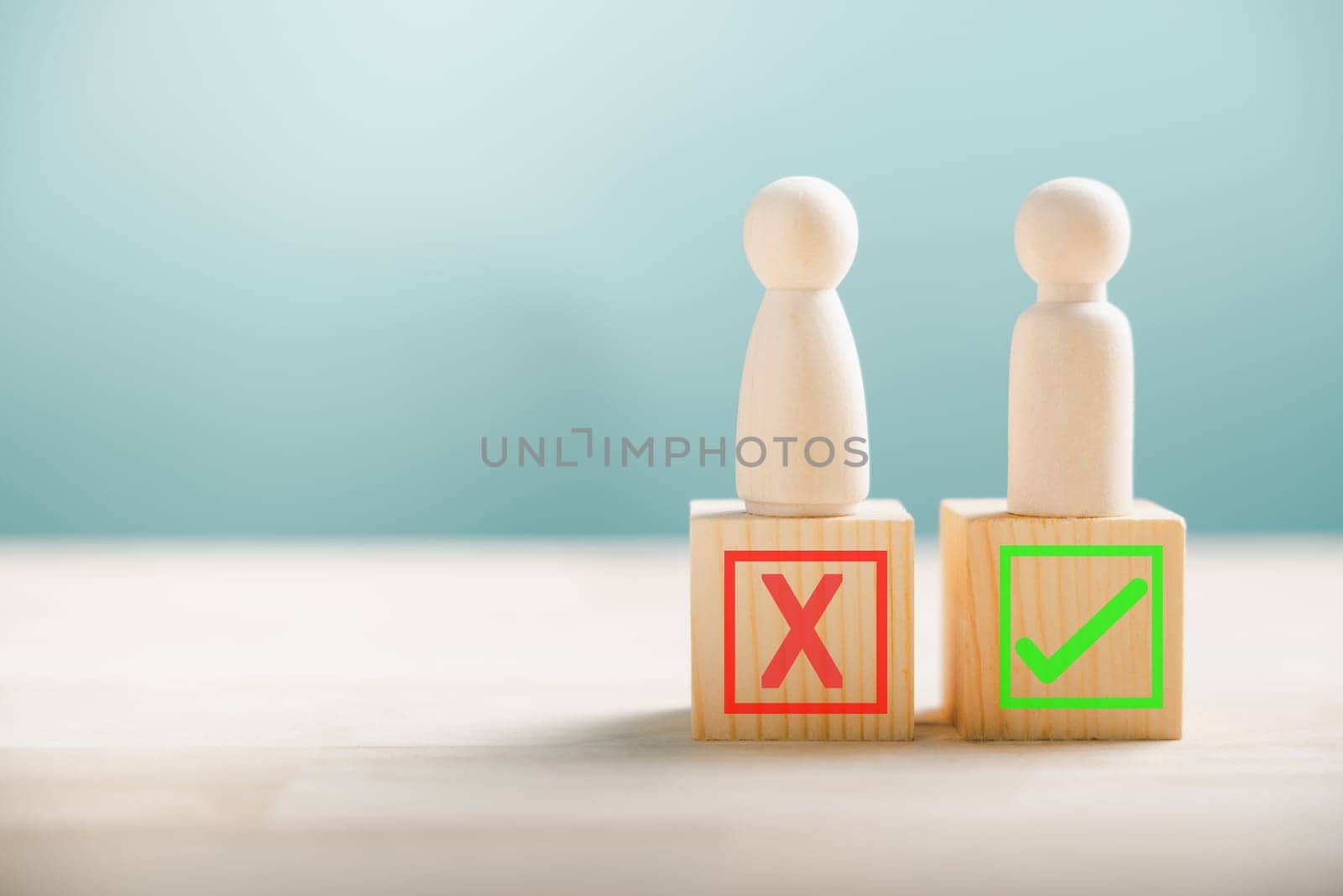 People standing on wooden block depict right and wrong contemplating yes or no. True and false symbols for business choices. Decision-making concept on wood. Think With Yes Or No Choice.