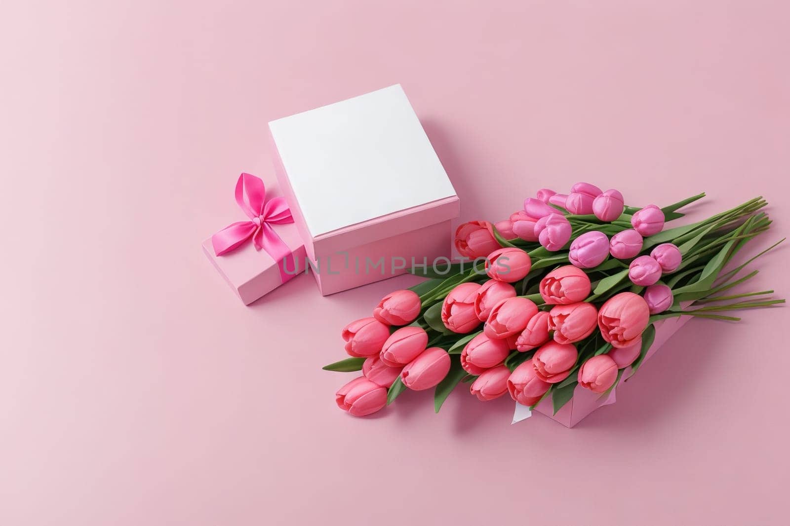 Mother's Day decorations concept. Top view of trendy gift boxes with ribbon by EkaterinaPereslavtseva