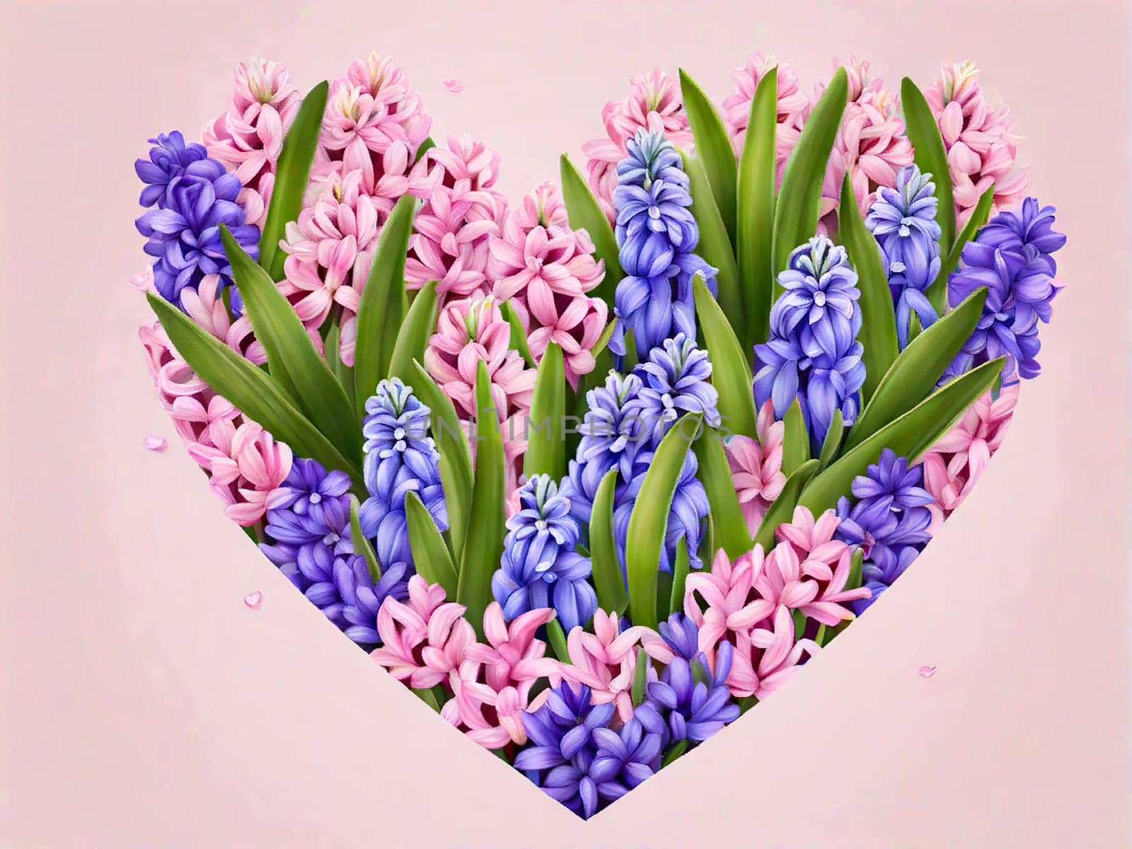 March eight Women's Day card from spring hyacinth flowers heart. Minimal greeting card for International Women Day on blue background