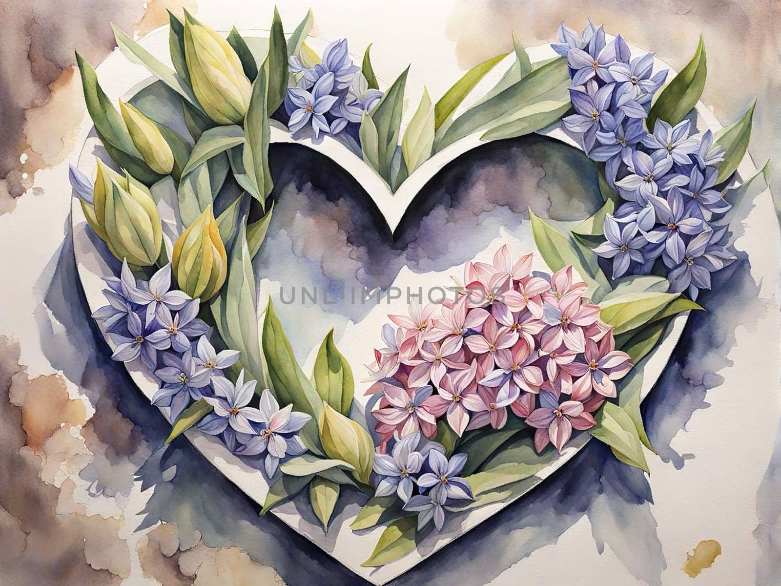Watercolor Illustration March 8th heart made hyacinths. International Women's Day, or Mother's Day. Abstract pink and violet Watercolor Greeting Card.